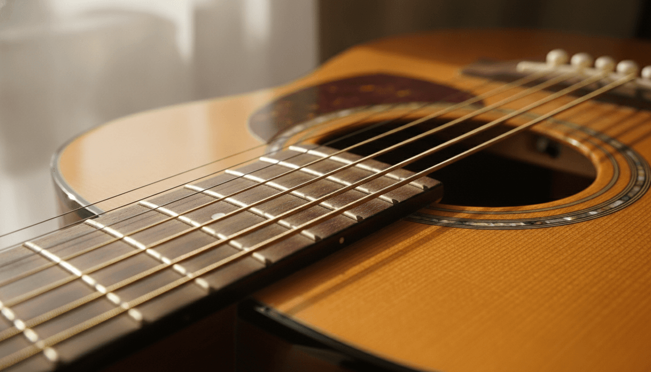 Primer plano de cuerdas de guitarra acústica sobre madera, con luz cálida natural