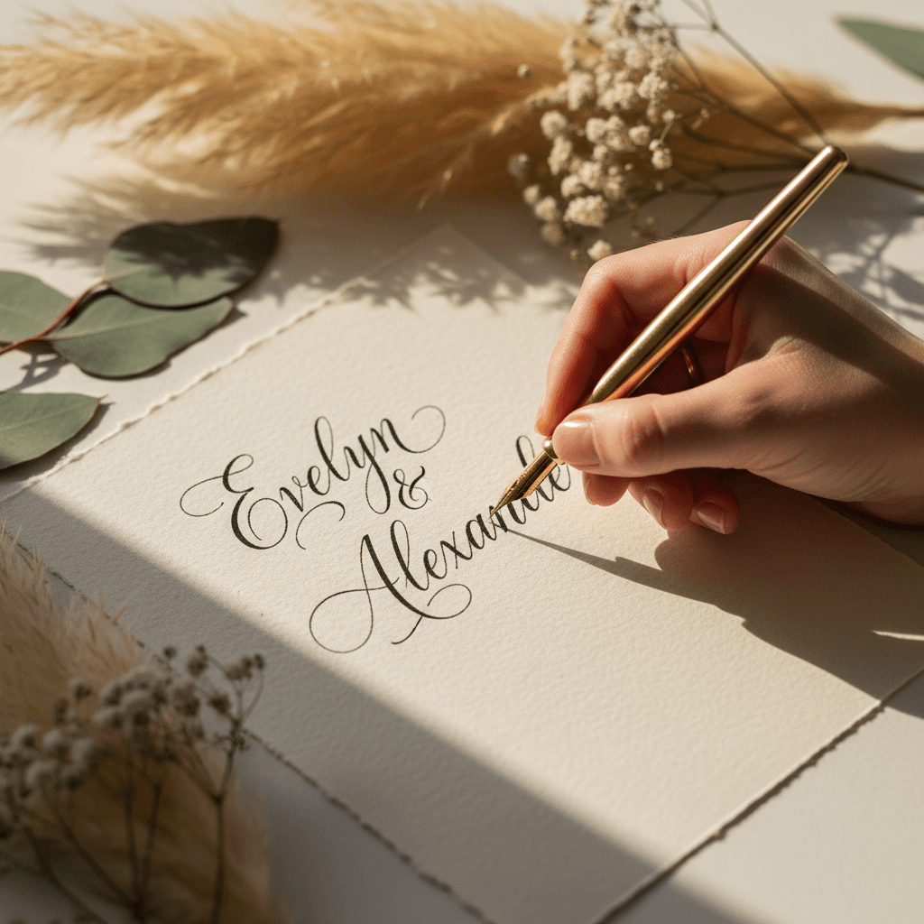 Notas musicales que brotan de una pluma sobre una invitación de boda con caligrafía