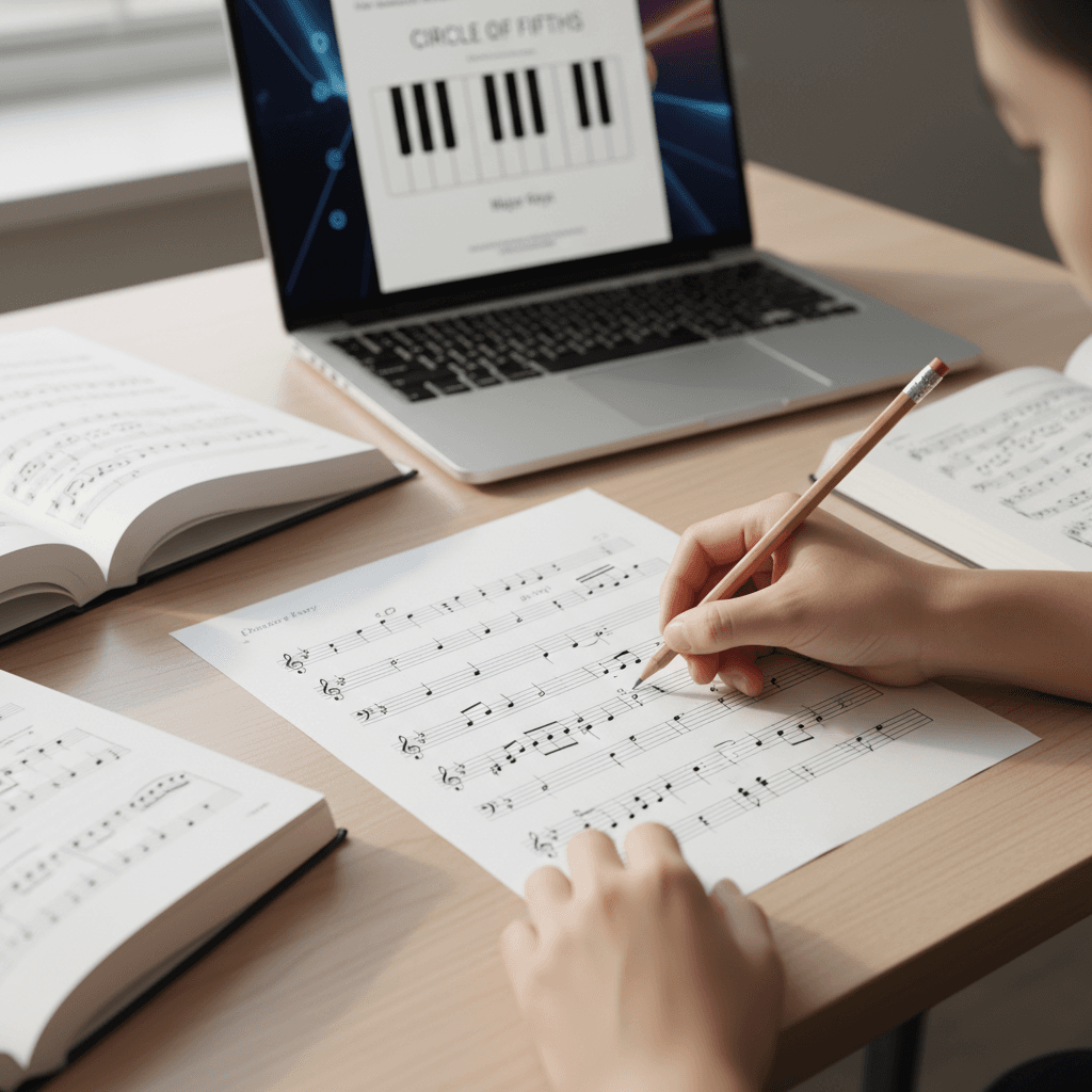 Hoja de partitura en blanco con anotaciones a lápiz sobre una mesa de madera