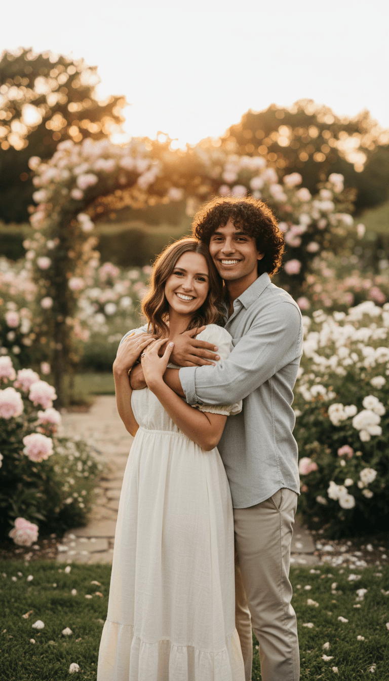 Pareja joven sonriendo en un jardín durante la hora dorada