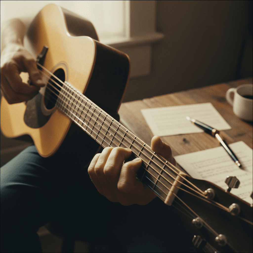 Versos escritos a mano sobre un cuaderno abierto junto a una guitarra acústica